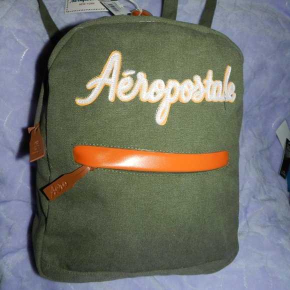 Aeropostale 18" Logo Canvas Backpack Olive Green Orange Leather NEW/NWT - Picture 1 of 15